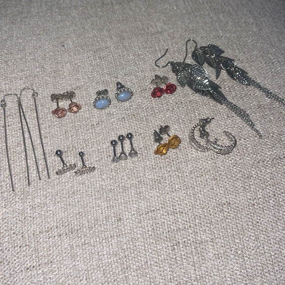 Jewelry - Bundle Silver Tone Stud‎ Hoop Dangle Earrings Rose Screw Back Threaded Leaves